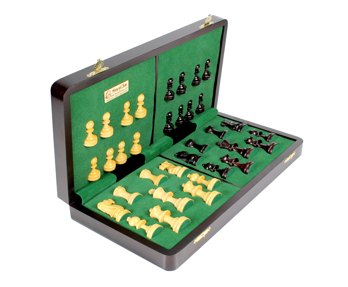 Chess pieces fitted in special inserts made according to the shape of the chess pieces.
